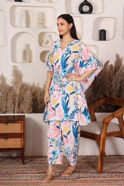 Hosita Vibrant Print with Pink Base Kaftan Co Ord Set