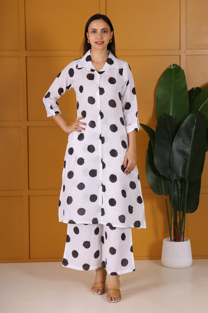 White with Black Polka Dots Printed Long Co-Ord Set