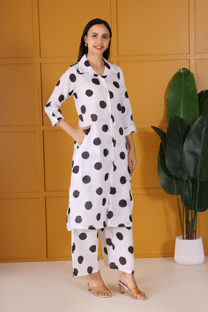 White with Black Polka Dots Printed Long Co-Ord Set
