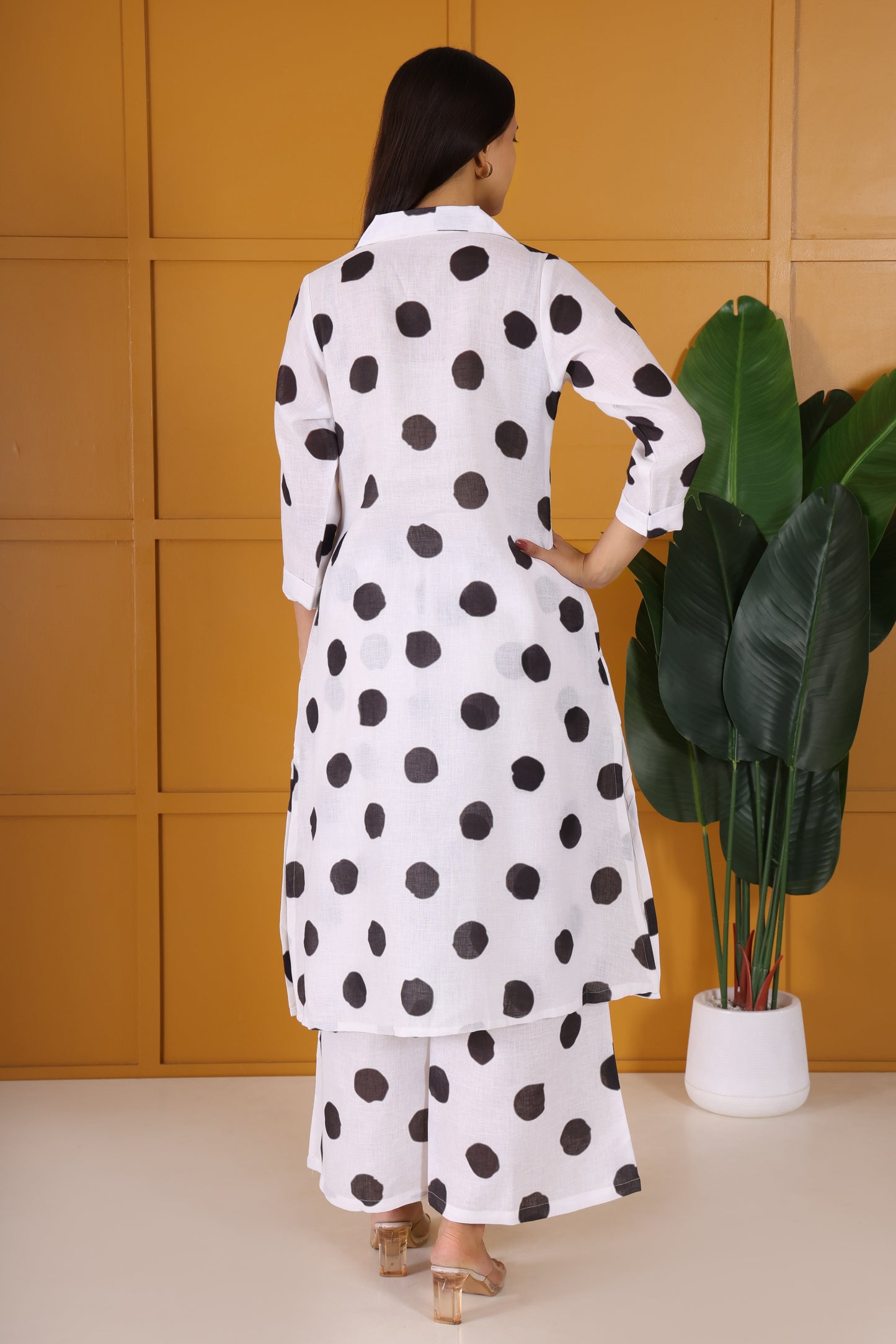 White with Black Polka Dots Printed Long Co-Ord Set