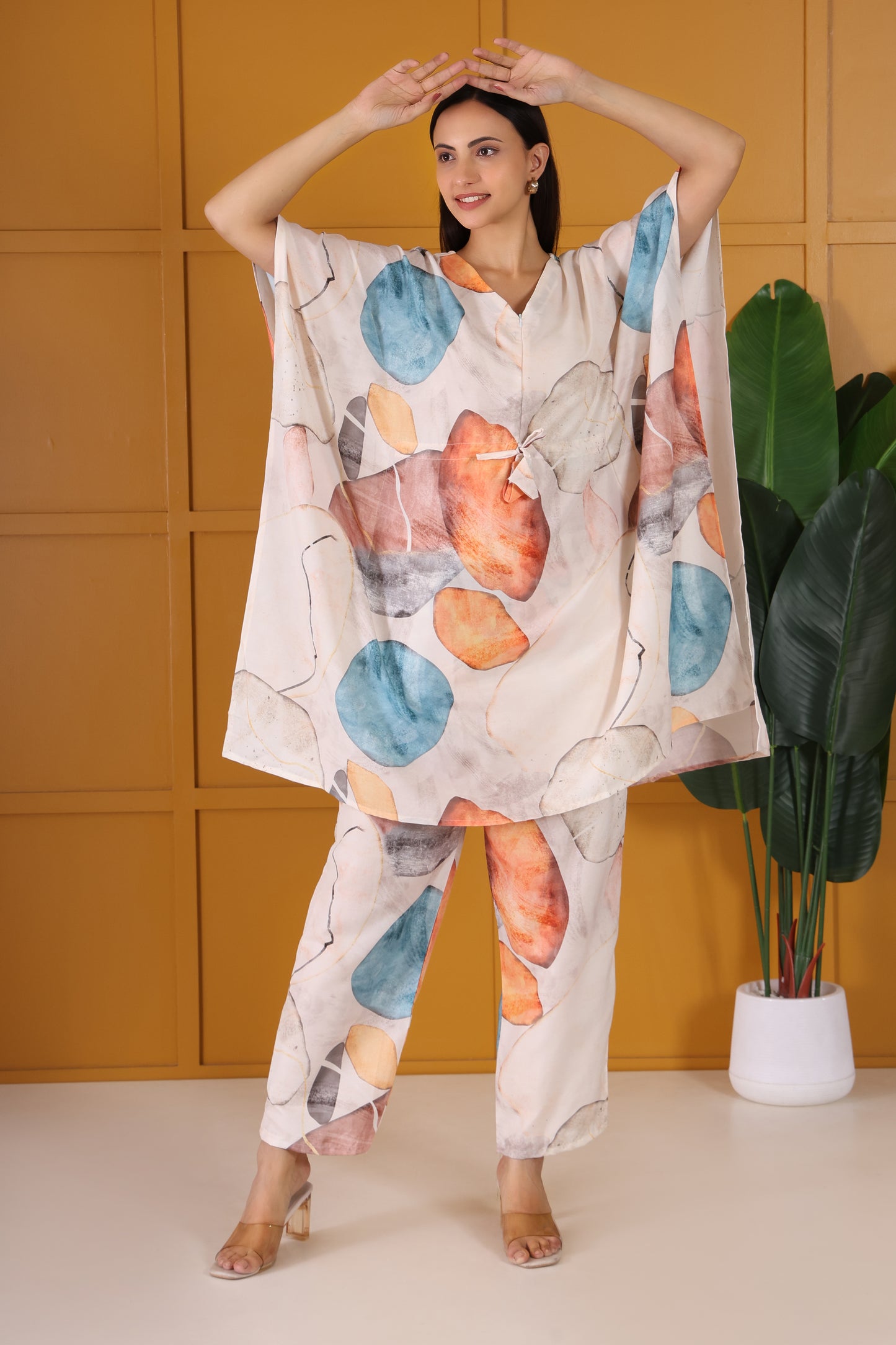 Hosita Beige Multicolor Print  Kaftan Co Ord Set