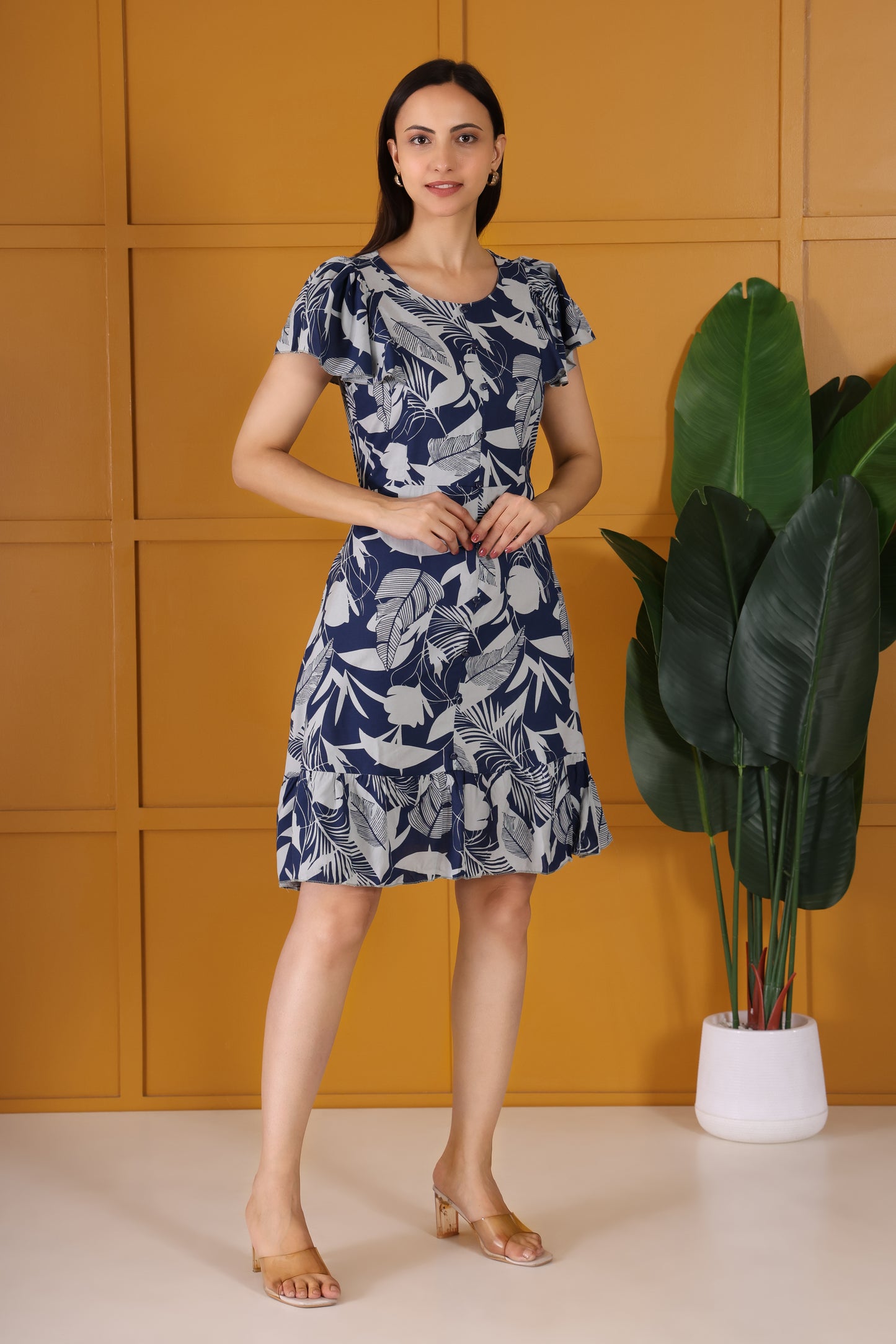 Hosita Blue Floral Printed Pure Cotton Short Dress