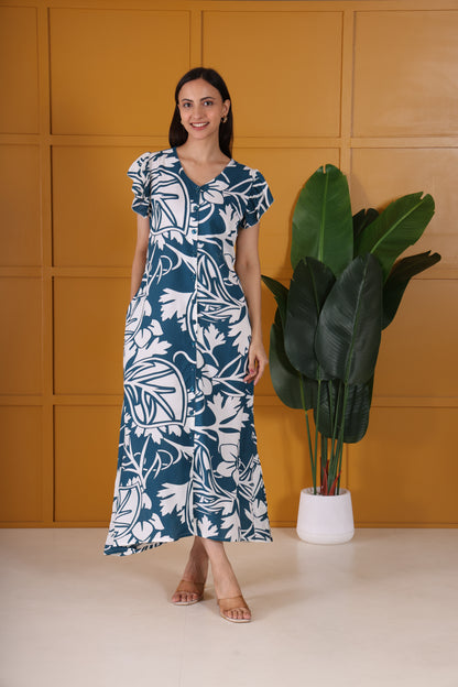 Hosita Blue Printed Pure Cotton Long dress with Straight Button Line