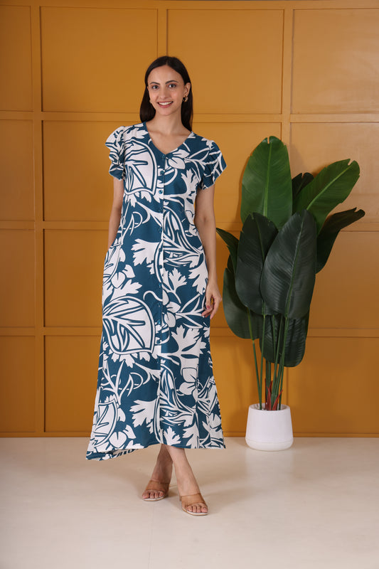 Hosita Blue Printed Pure Cotton Long dress with Straight Button Line