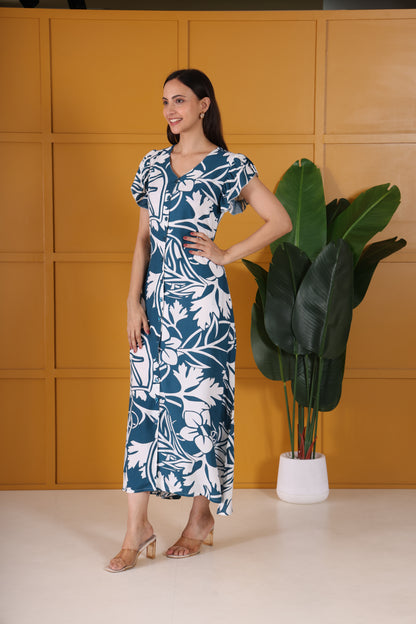 Hosita Blue Printed Pure Cotton Long dress with Straight Button Line
