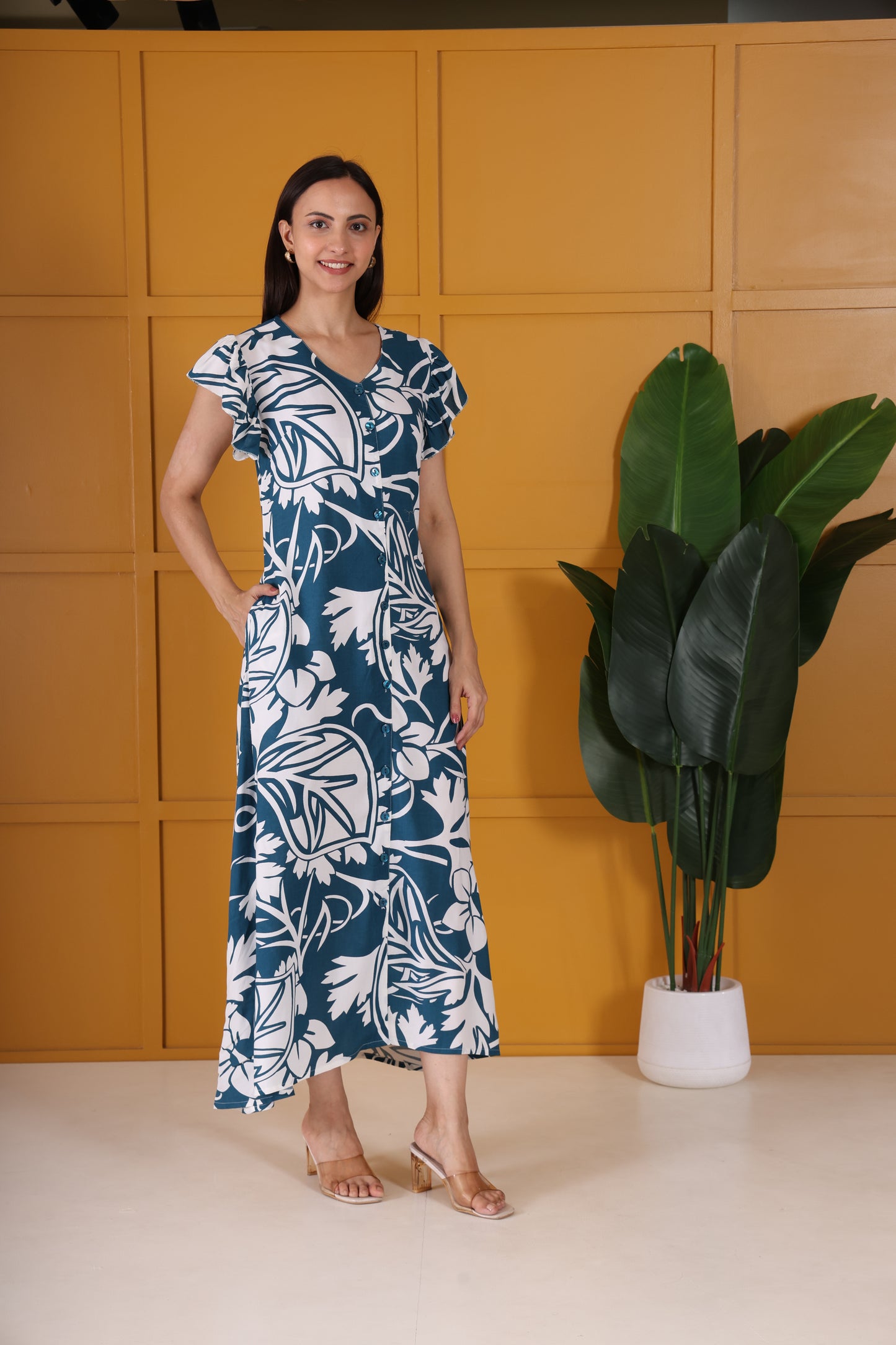 Hosita Blue Printed Pure Cotton Long dress with Straight Button Line