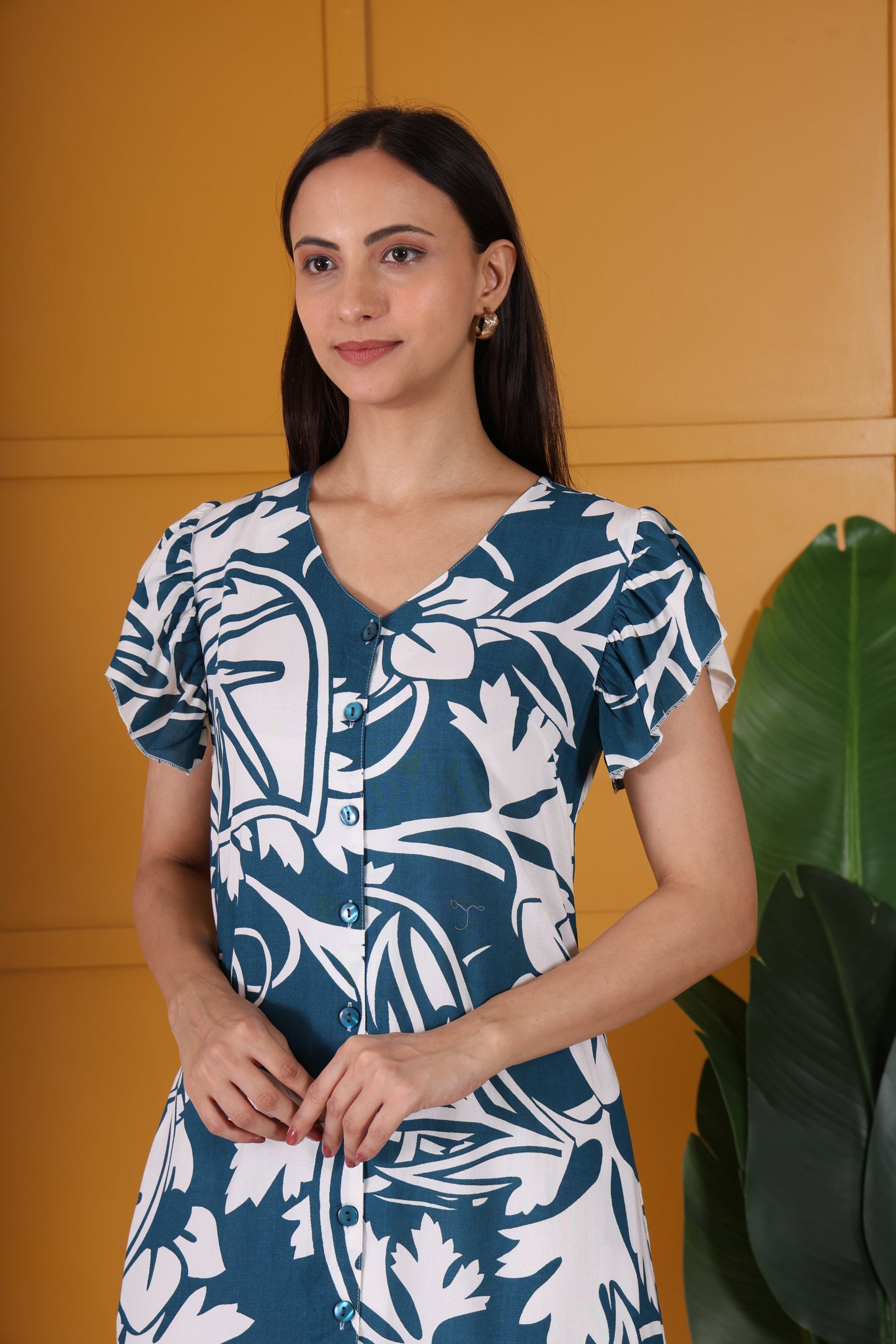 Hosita Blue Printed Pure Cotton Long dress with Straight Button Line