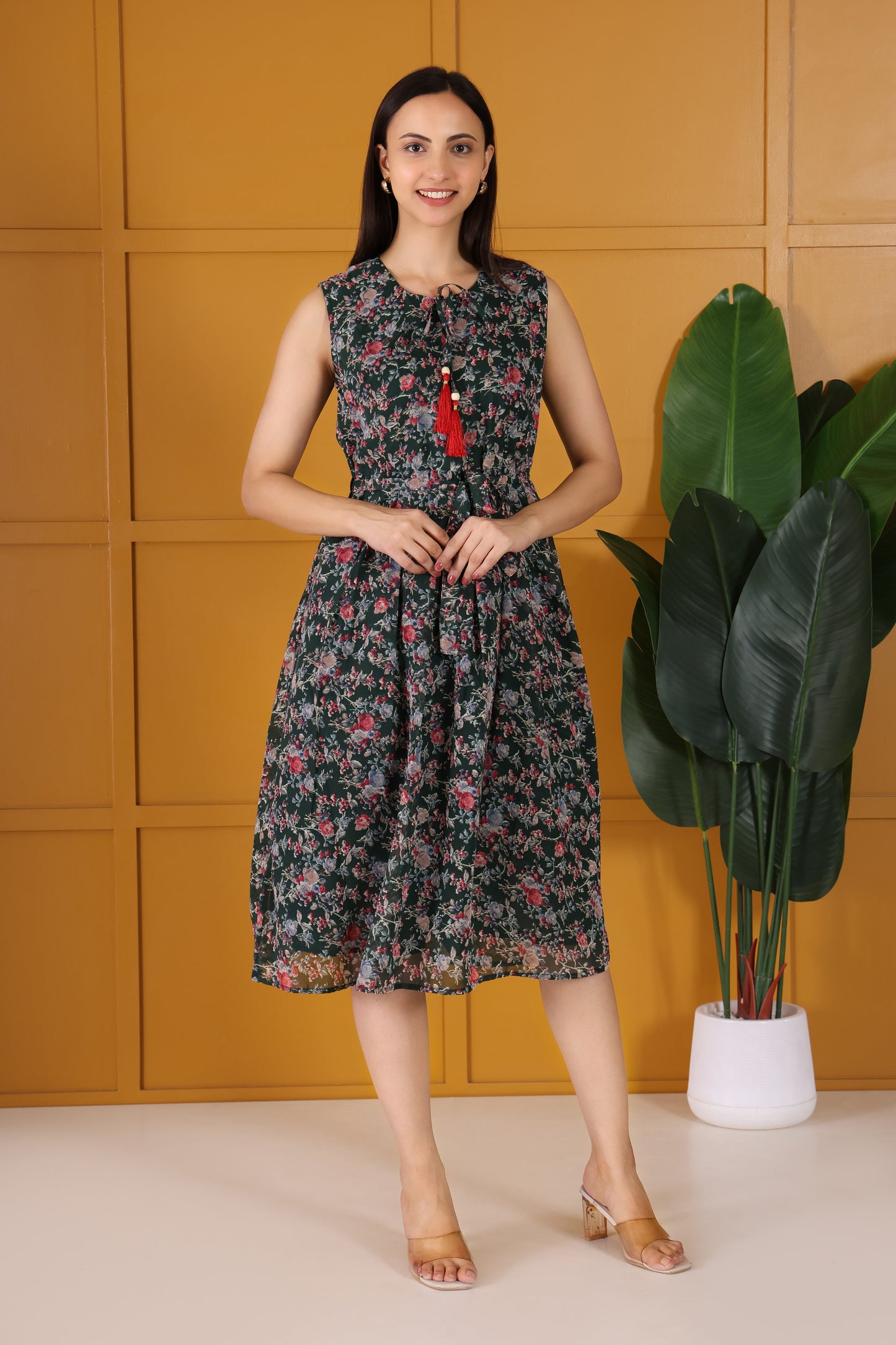 Green Floral Printed Flare Maxi dress
