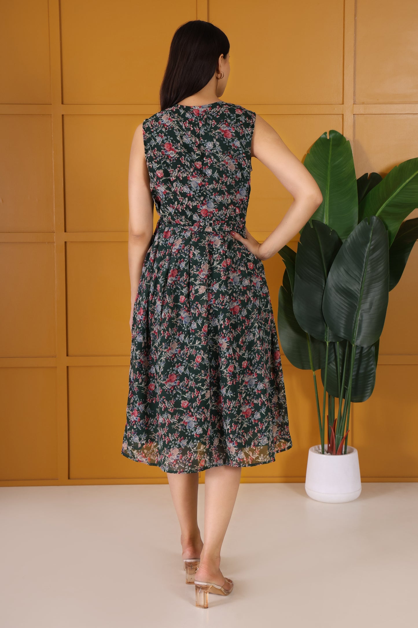 Green Floral Printed Flare Maxi dress