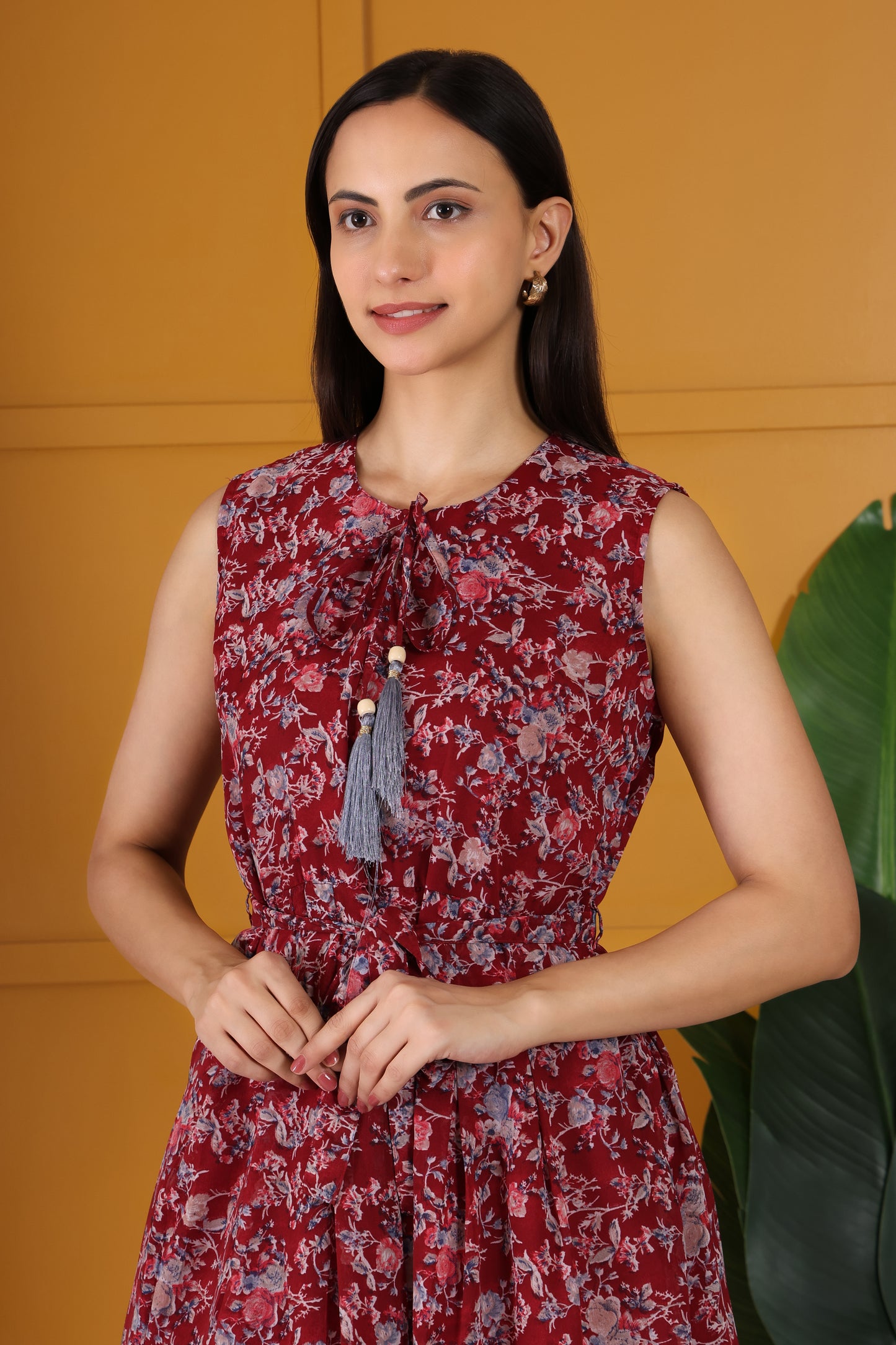 Elegant Maroon Floral Printed Flare Maxi dress