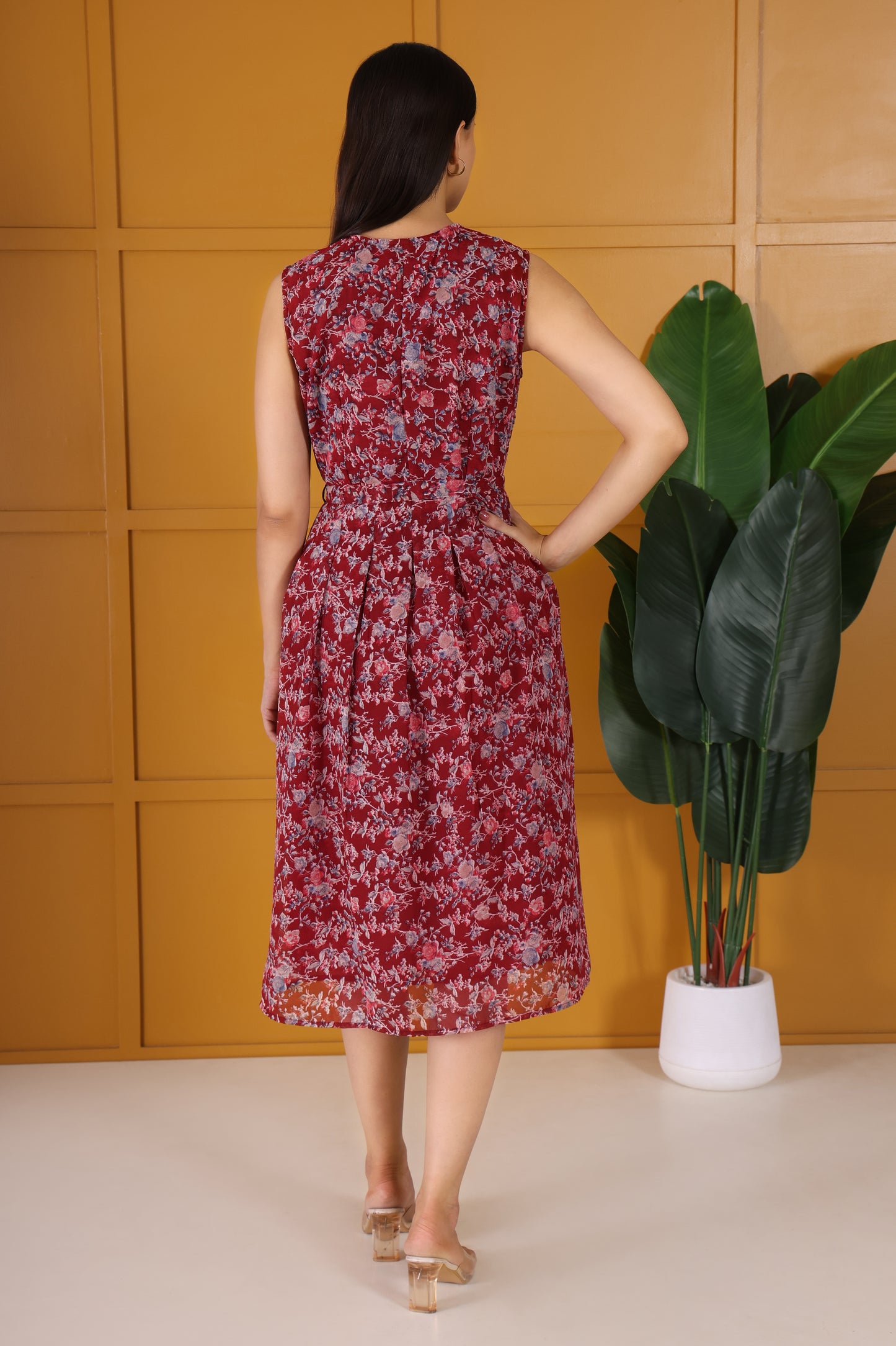 Elegant Maroon Floral Printed Flare Maxi dress