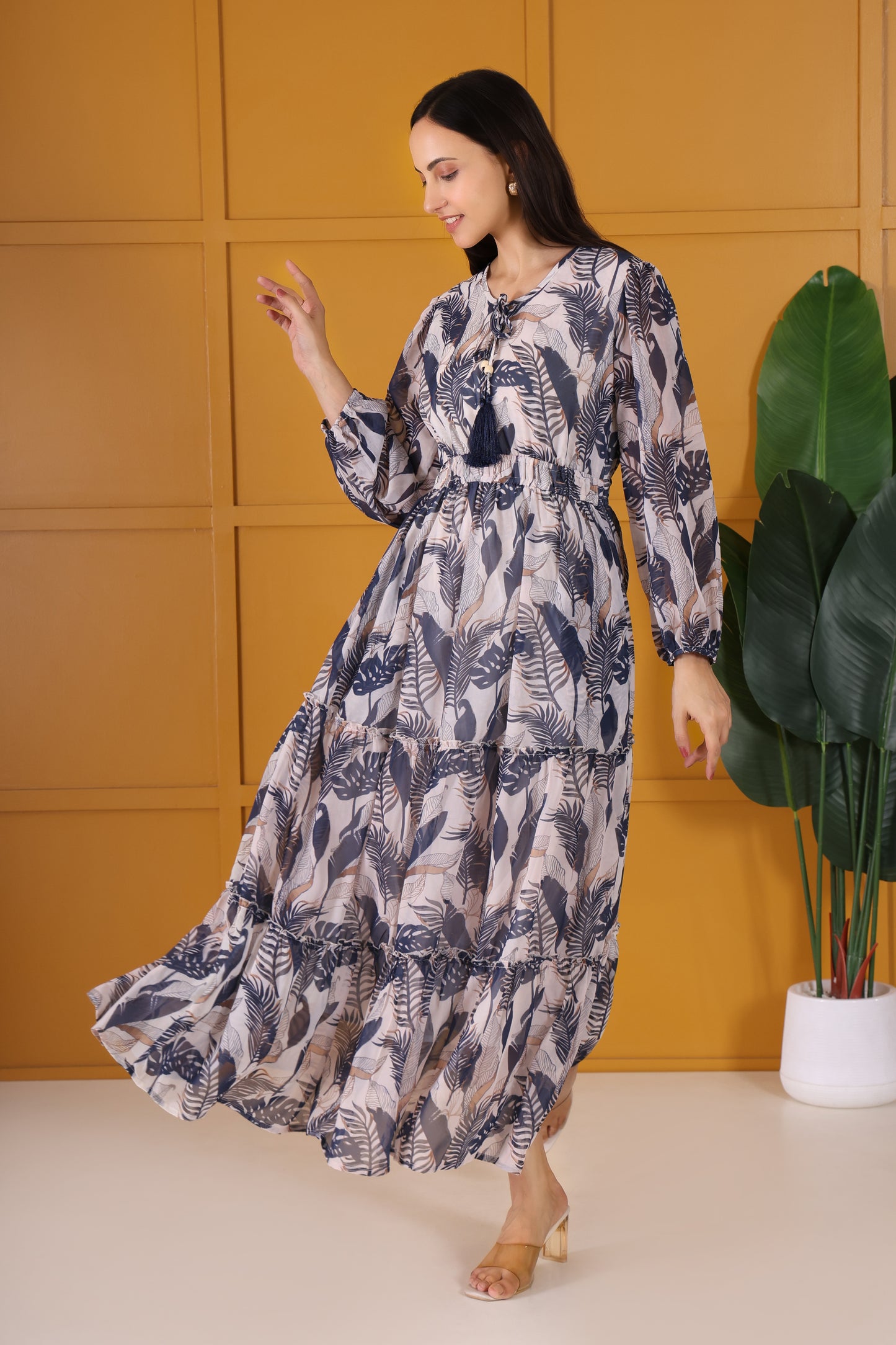 Beige Base With Grey Leaf Printed Pure Georgette Tiered Gown Dress