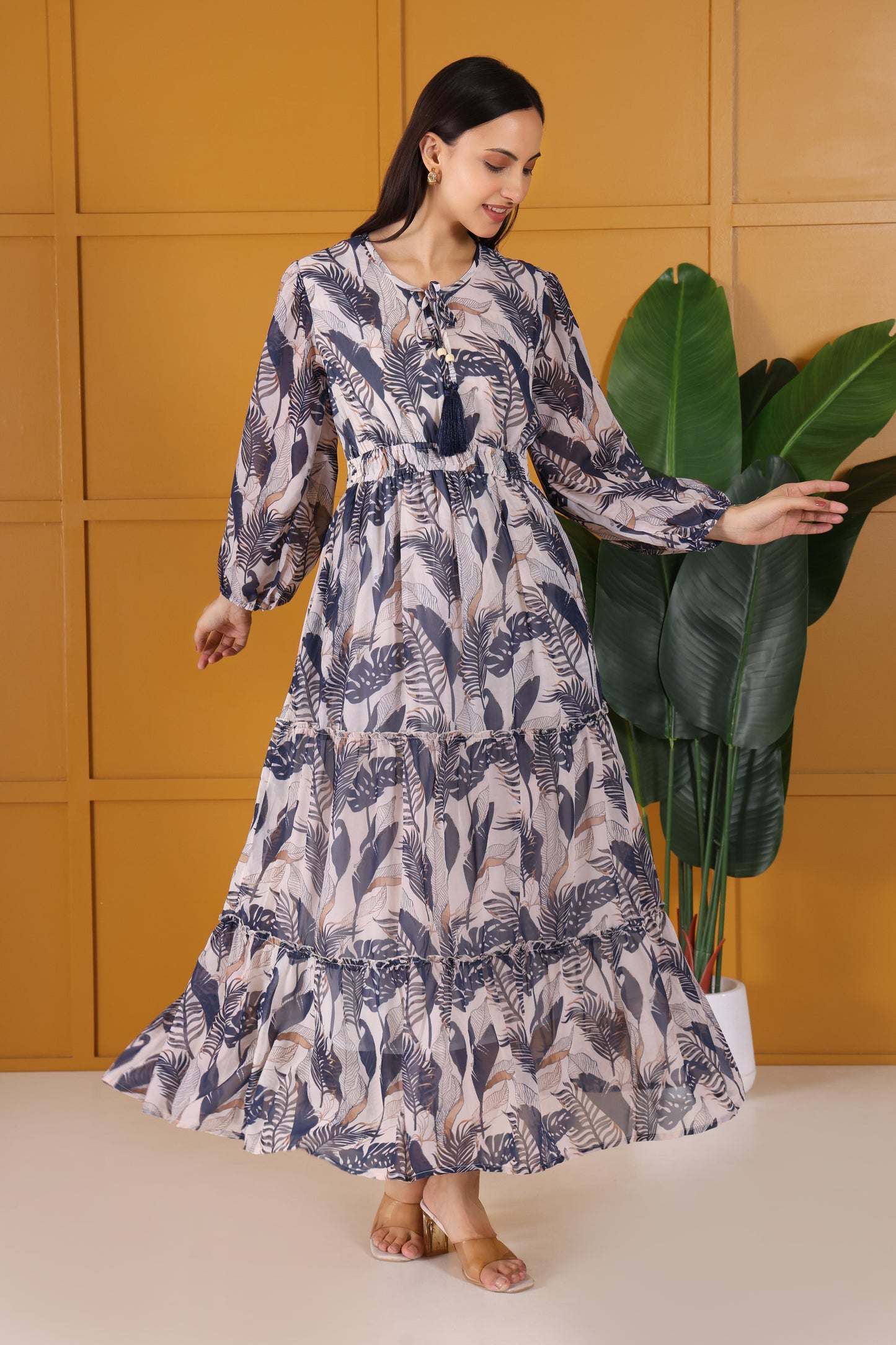 Beige Base With Grey Leaf Printed Pure Georgette Tiered Gown Dress