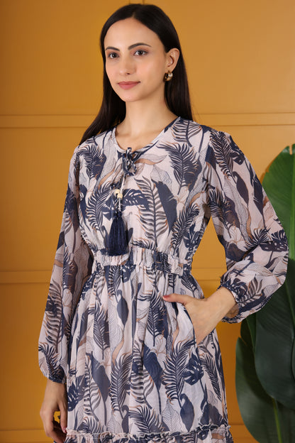 Beige Base With Grey Leaf Printed Pure Georgette Tiered Gown Dress