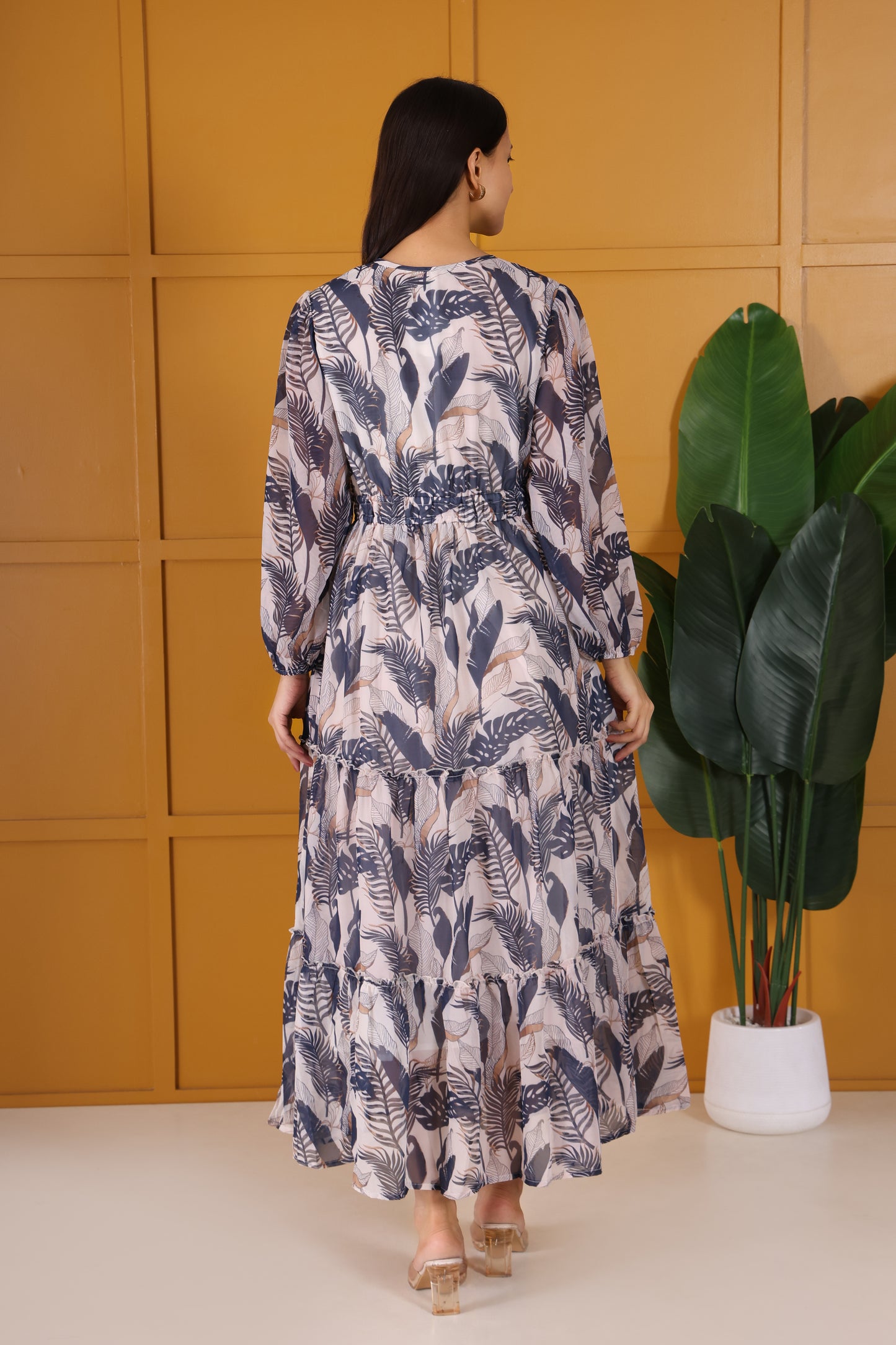 Beige Base With Grey Leaf Printed Pure Georgette Tiered Gown Dress