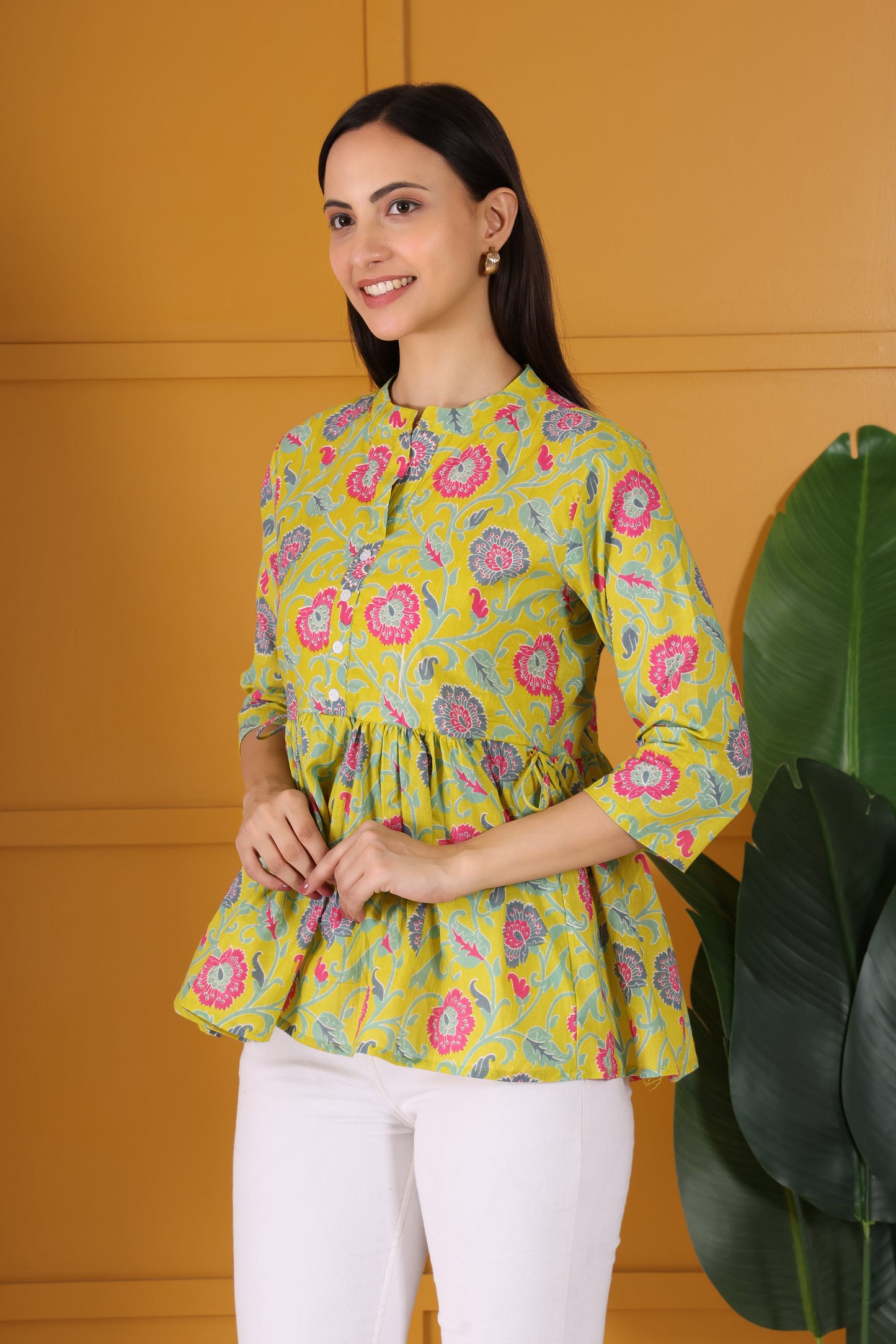 Hosita Mustard Printed Cotton Voile Tunic