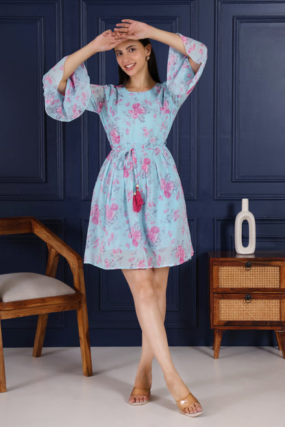 Sky Blue Floral Printed Flare Short dress