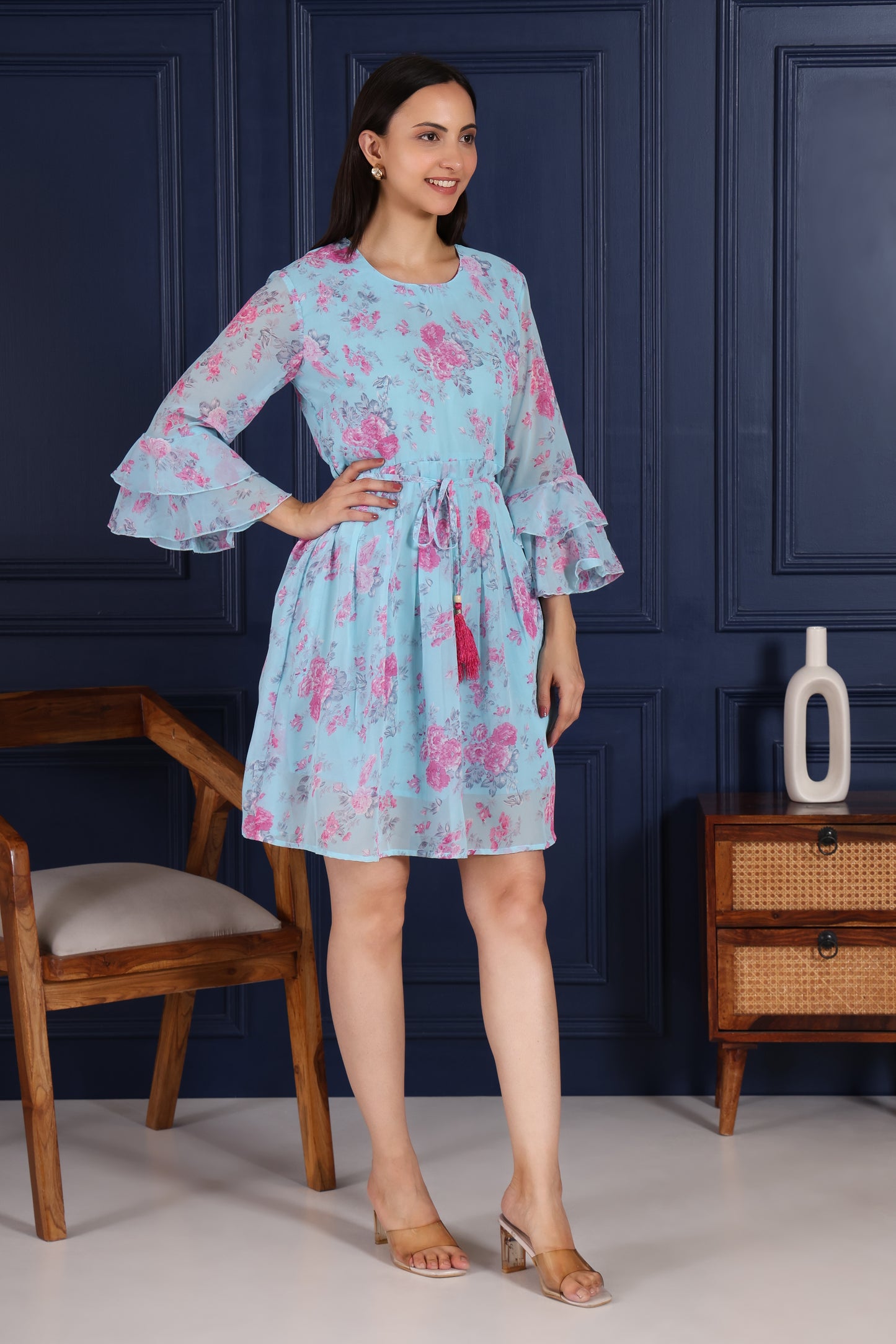 Sky Blue Floral Printed Flare Short dress