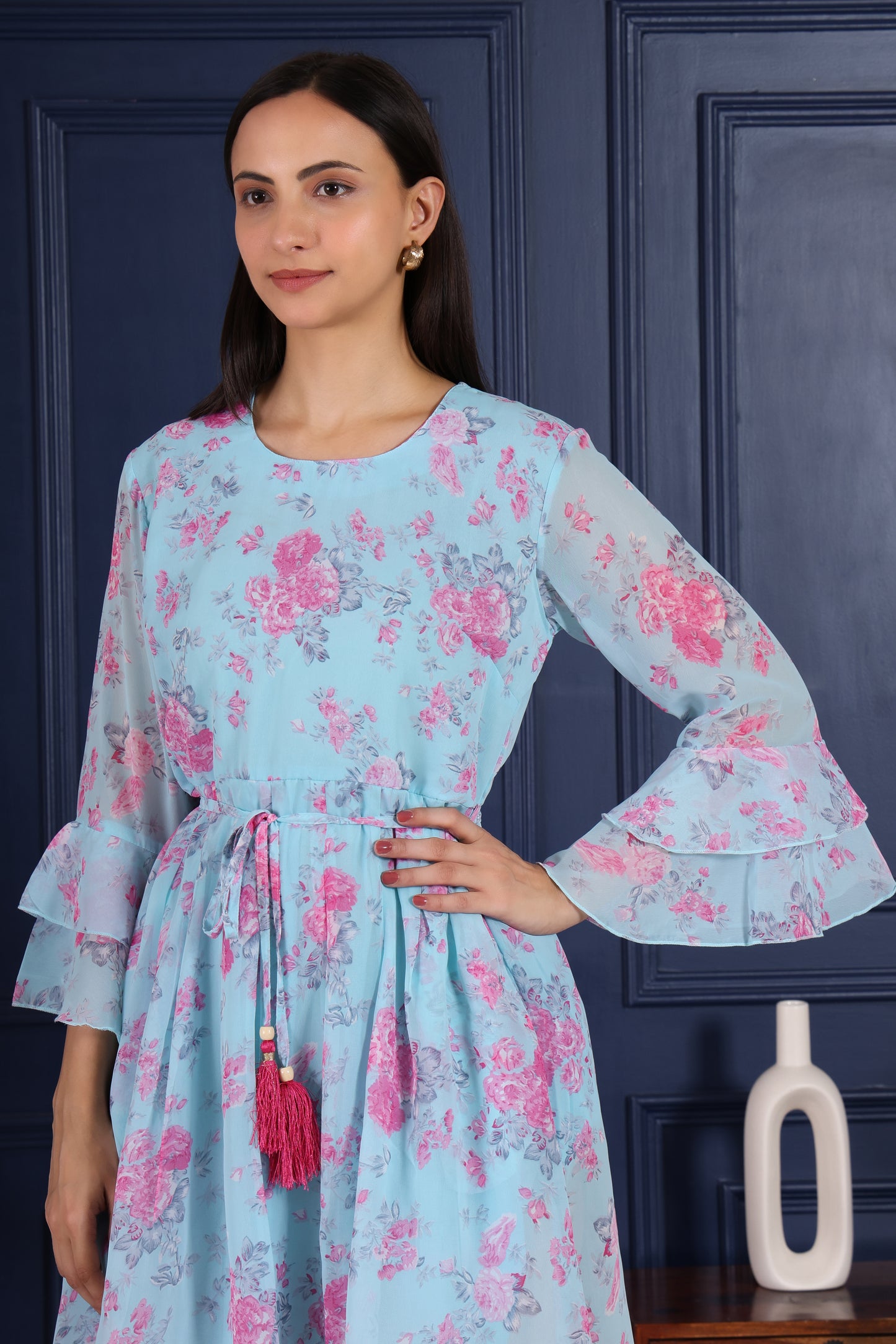 Sky Blue Floral Printed Flare Short dress