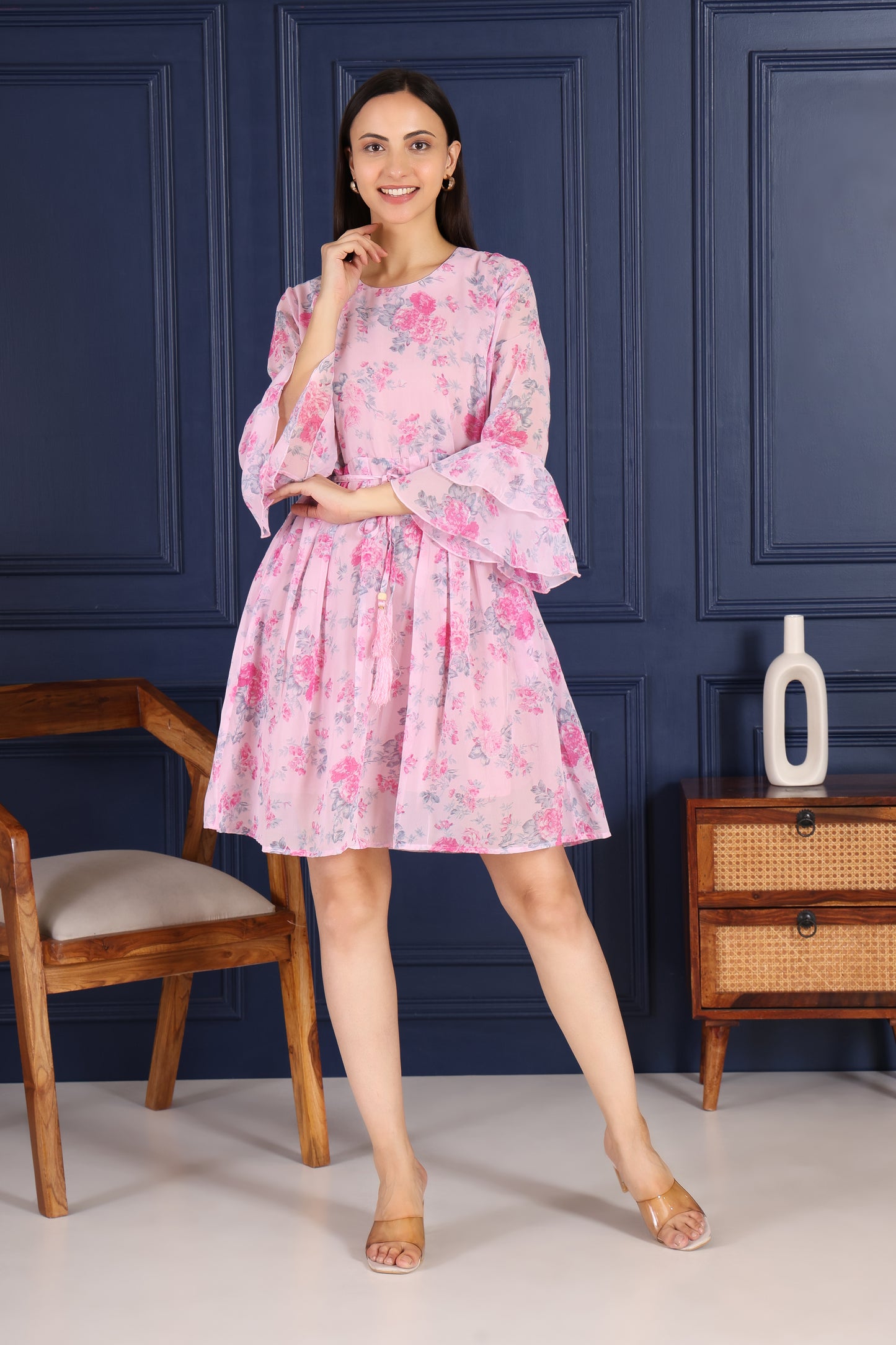 Pink Floral Printed Flare Short dress With Front Dori