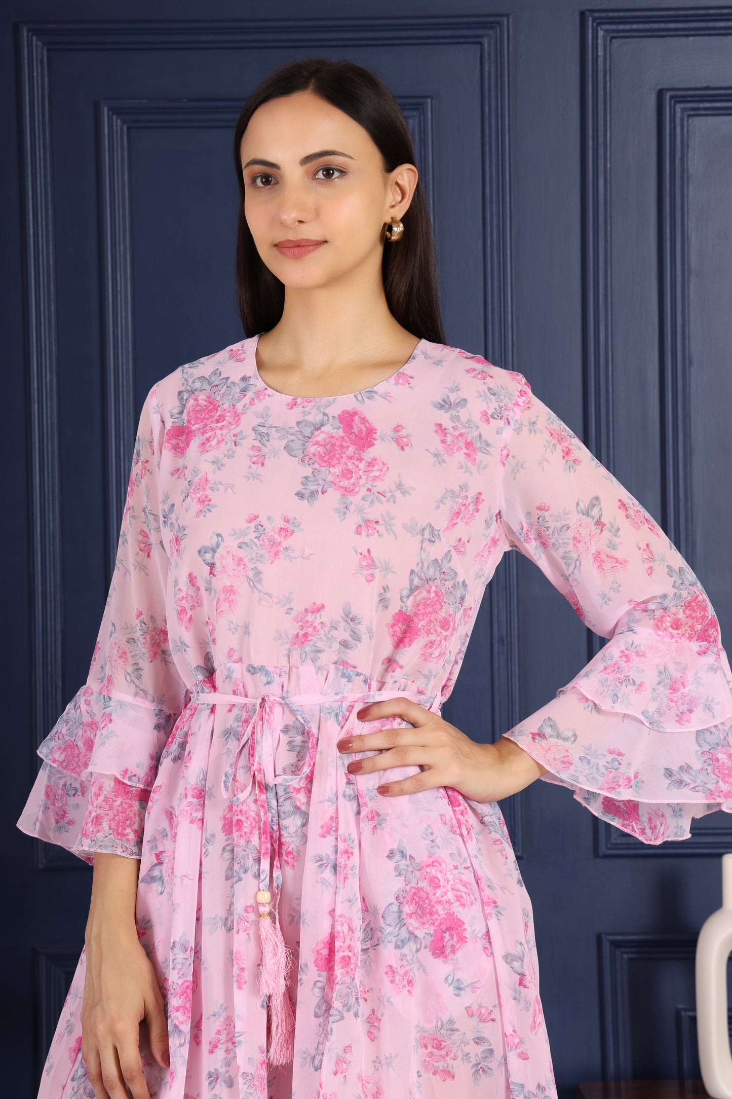 Pink Floral Printed Flare Short dress With Front Dori