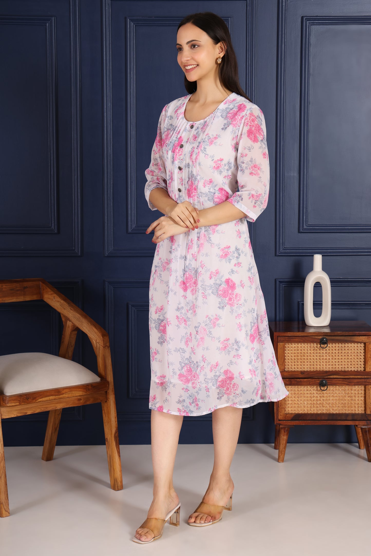 White Base Pink Floral Printed Dress With Button sequence