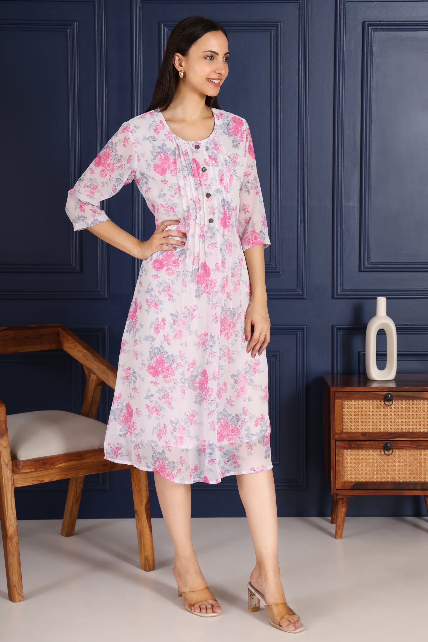 White Base Pink Floral Printed Dress With Button sequence