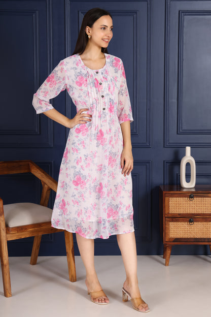 White Base Pink Floral Printed Dress With Button sequence