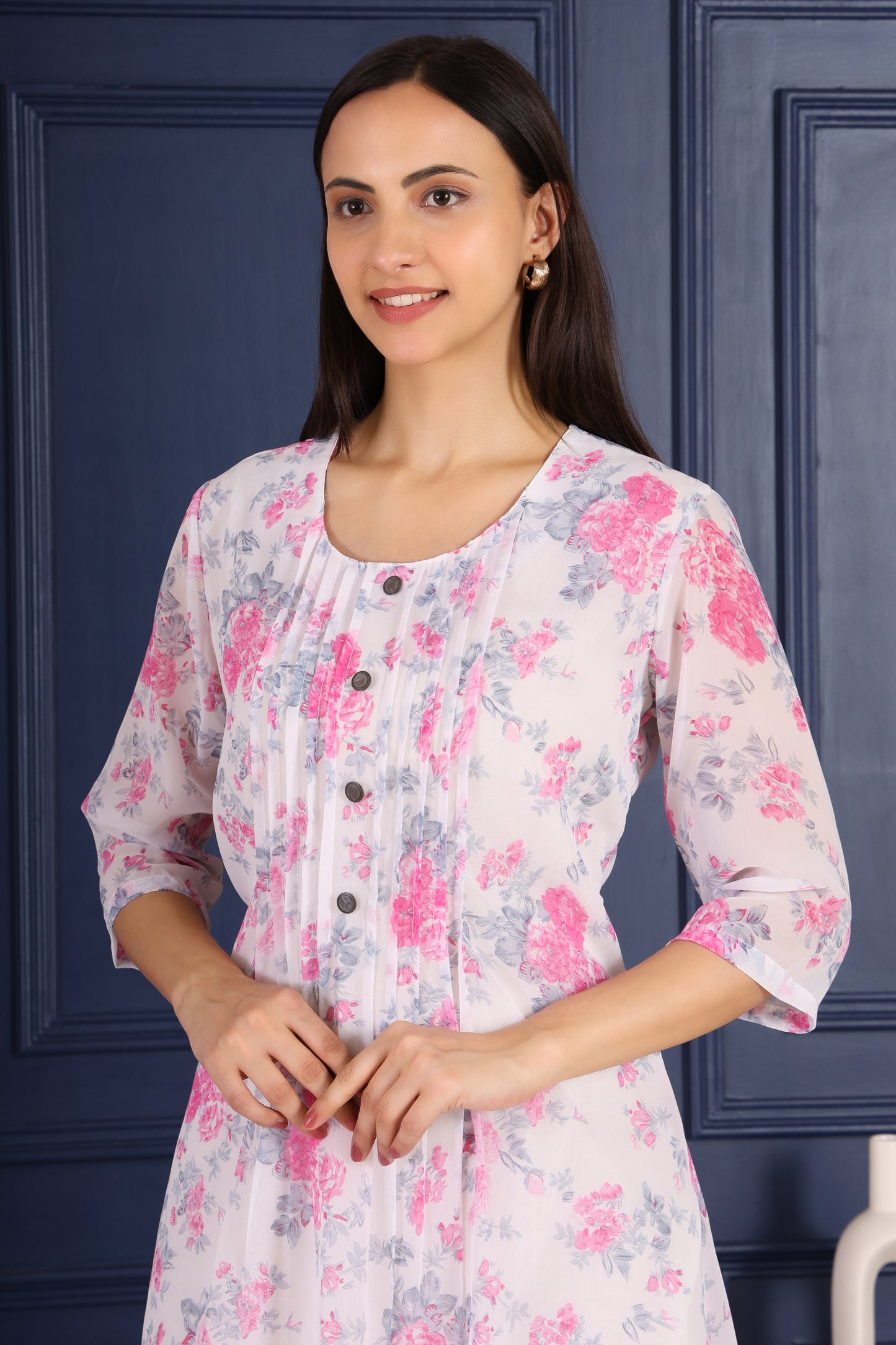 White Base Pink Floral Printed Dress With Button sequence