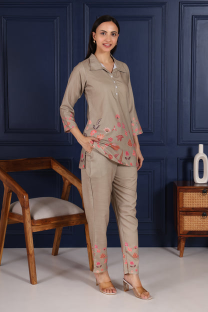 Caramel Floral Embroidered Co-Ord Set – Summer Bloom Edition