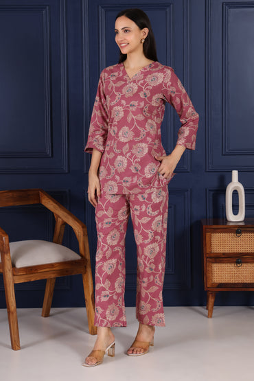 Stylish Magenta With Intricate Embroidery Print Co Ord Set
