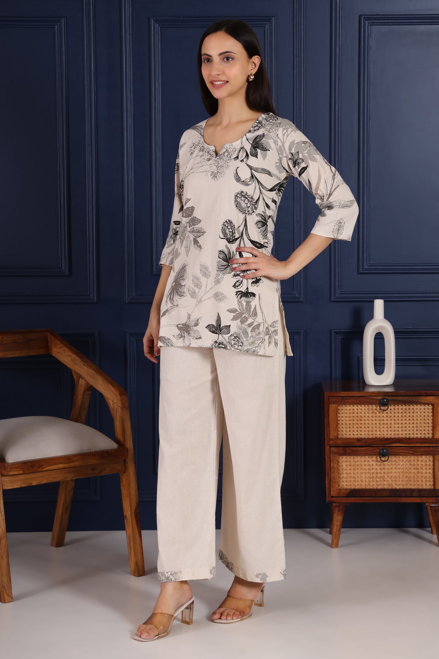Graceful Off White With Black Print Co-ord Set – Pure Cotton Comfort