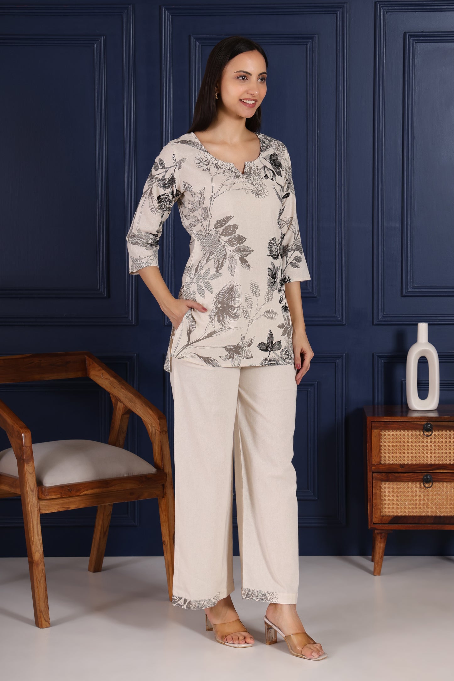 Graceful Off White With Black Print Co-ord Set – Pure Cotton Comfort