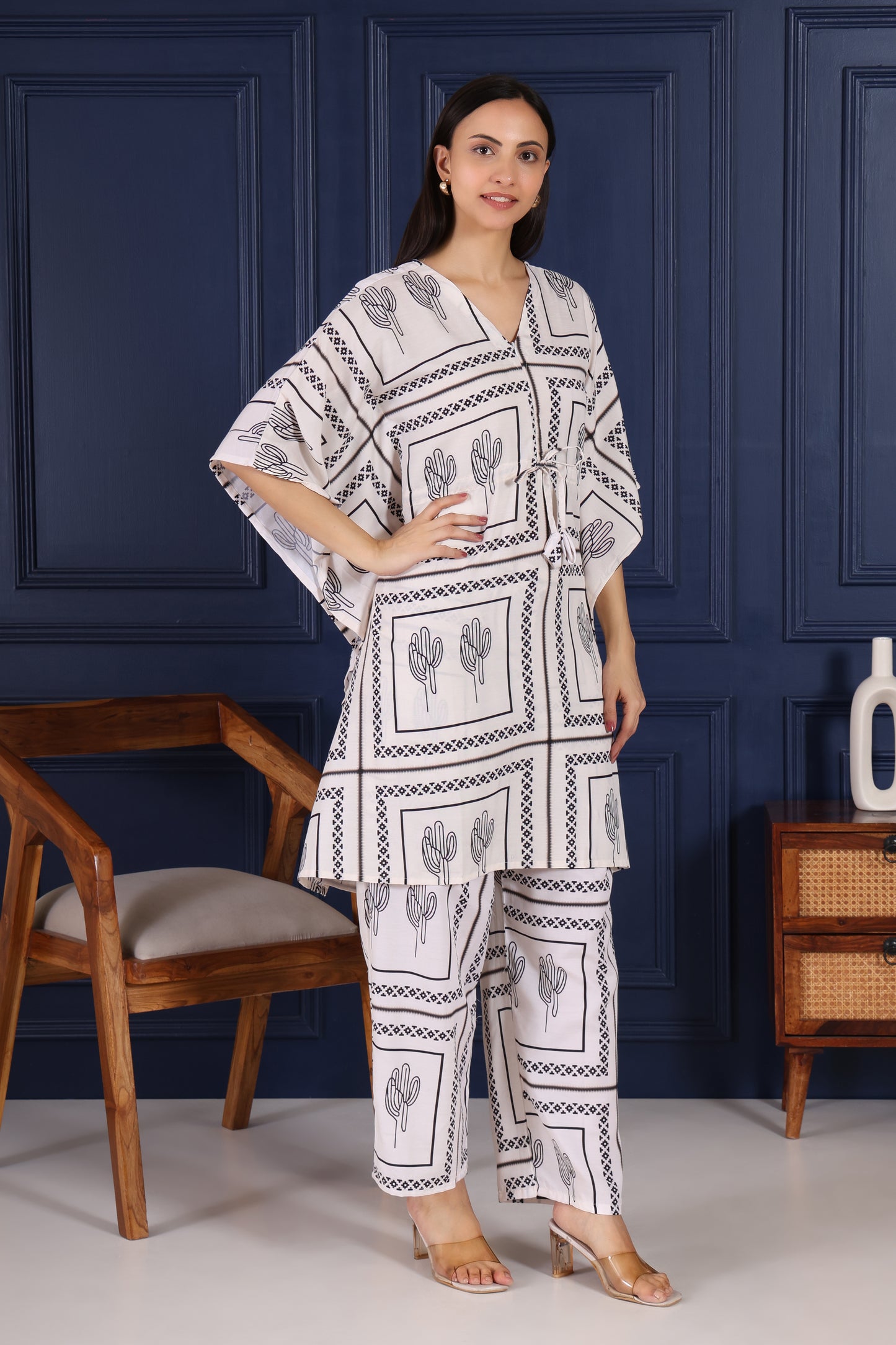 Hosita White with Ethnic Black Print Kaftan Co Ord Set