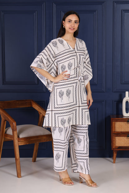 Hosita White with Ethnic Black Print Kaftan Co Ord Set