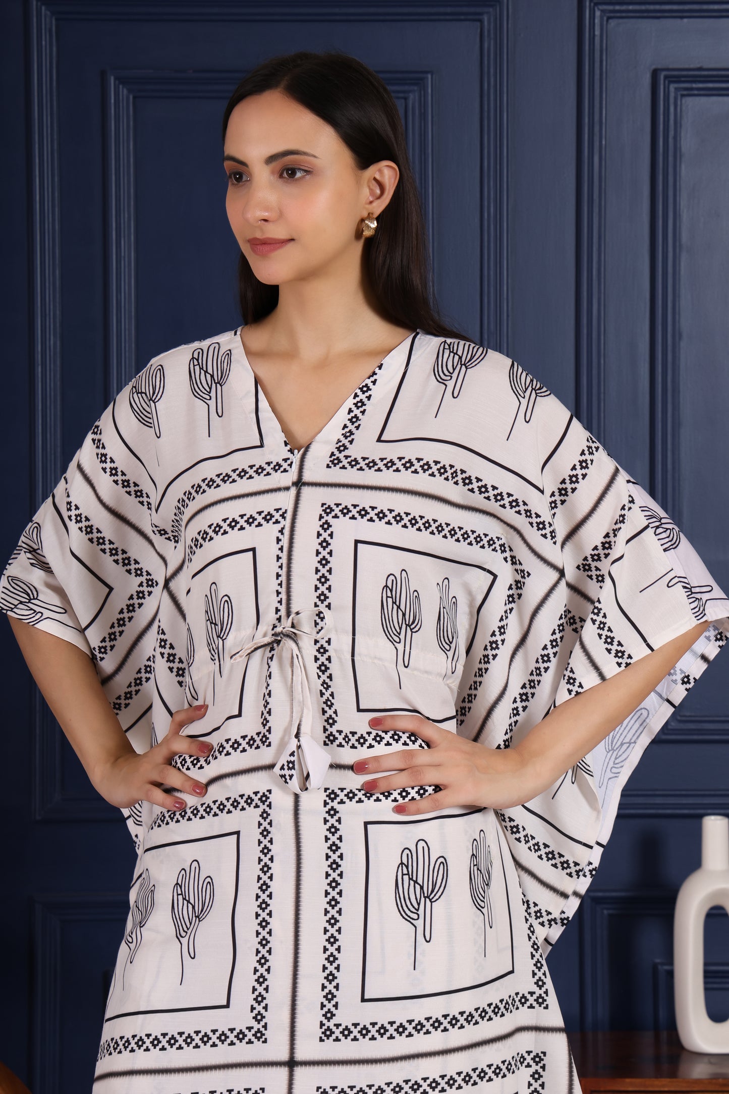 Hosita White with Ethnic Black Print Kaftan Co Ord Set