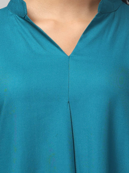 Hosita Brinjal, Ice Blue and Black Rayon Pleated Top