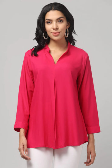 Hosita Grey, Olive and Magenta Rayon Pleated Top