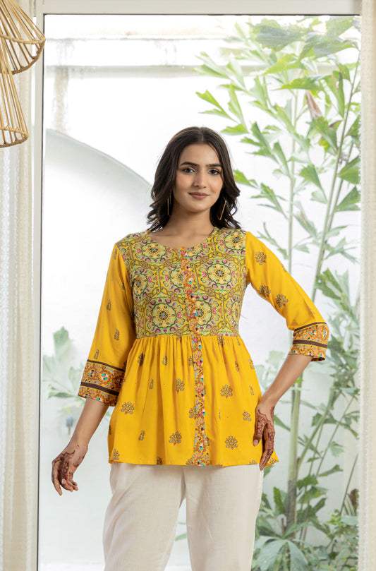 Mustard Embroidered Cotton Tunic With intricate Flower Pattern