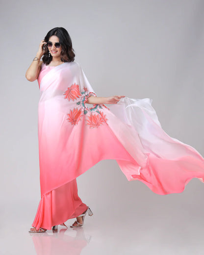 Hosita Beautiful Ombre Lotus Mandalaa Print Freehand Designer Saree
