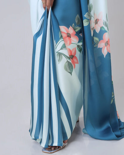 Hosita Lovely Sea Blue Floral Stripes Freehand Saree