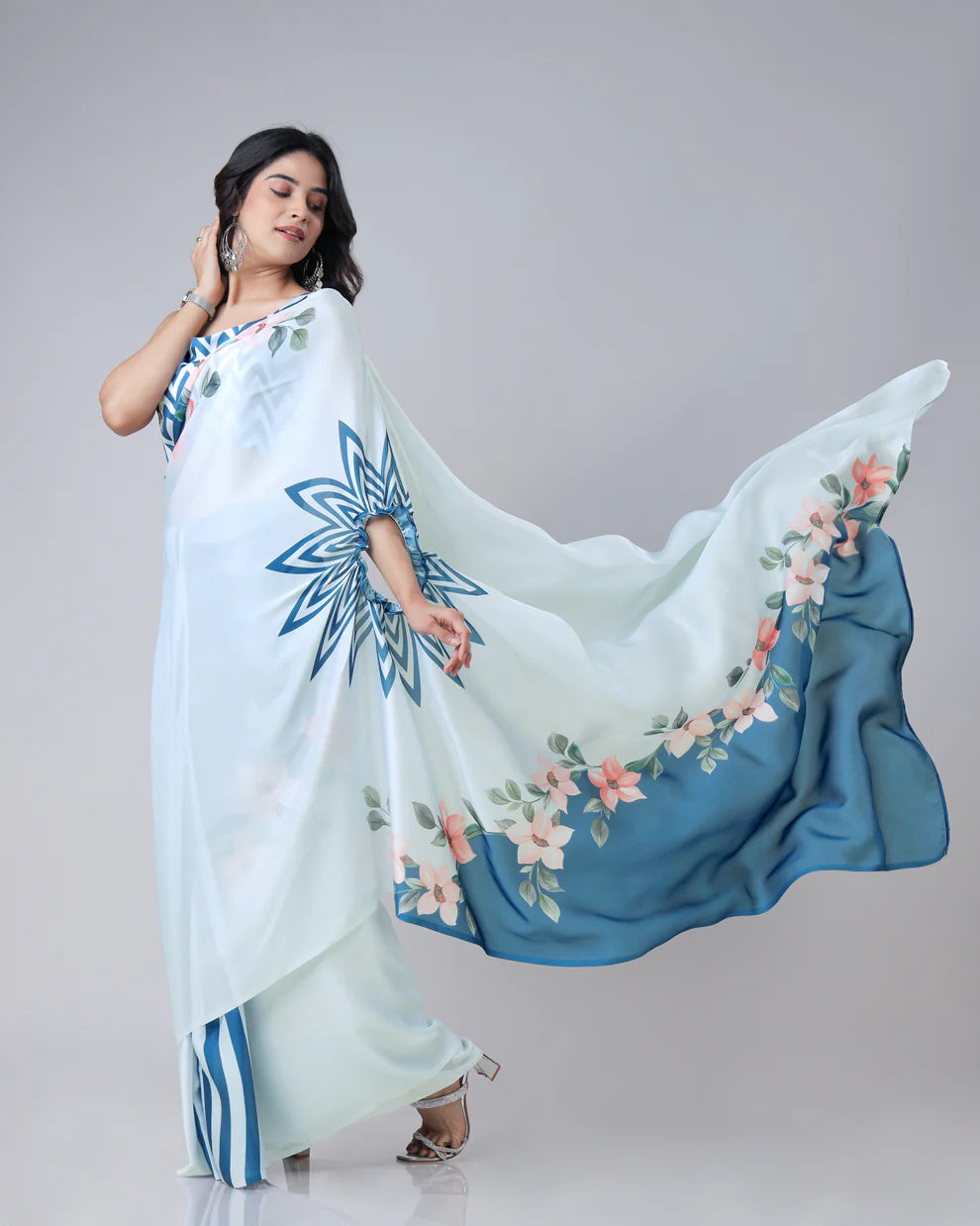 Hosita Lovely Sea Blue Floral Stripes Freehand Saree