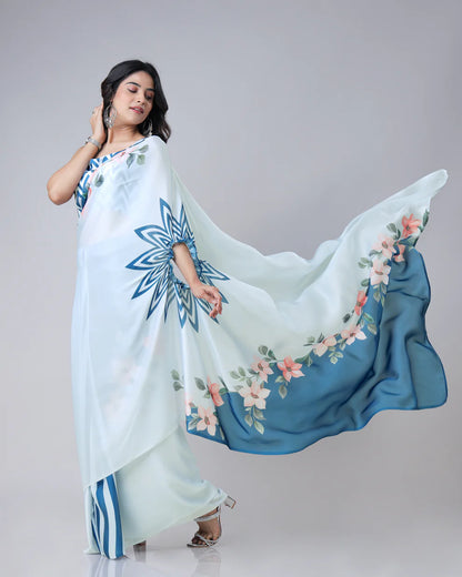 Hosita Lovely Sea Blue Floral Stripes Freehand Saree