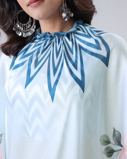 Hosita Lovely Sea Blue Floral Stripes Freehand Saree