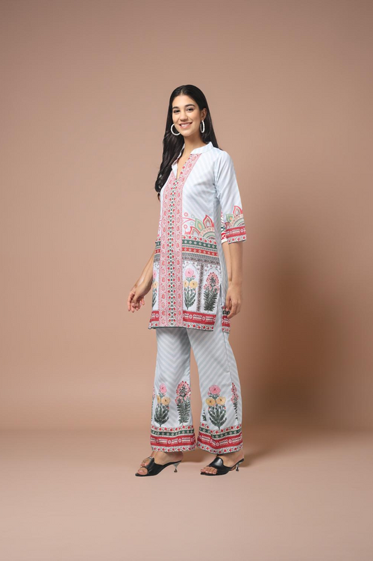 Beautiful White with Flower Pattern Embroidery Co Ord Set
