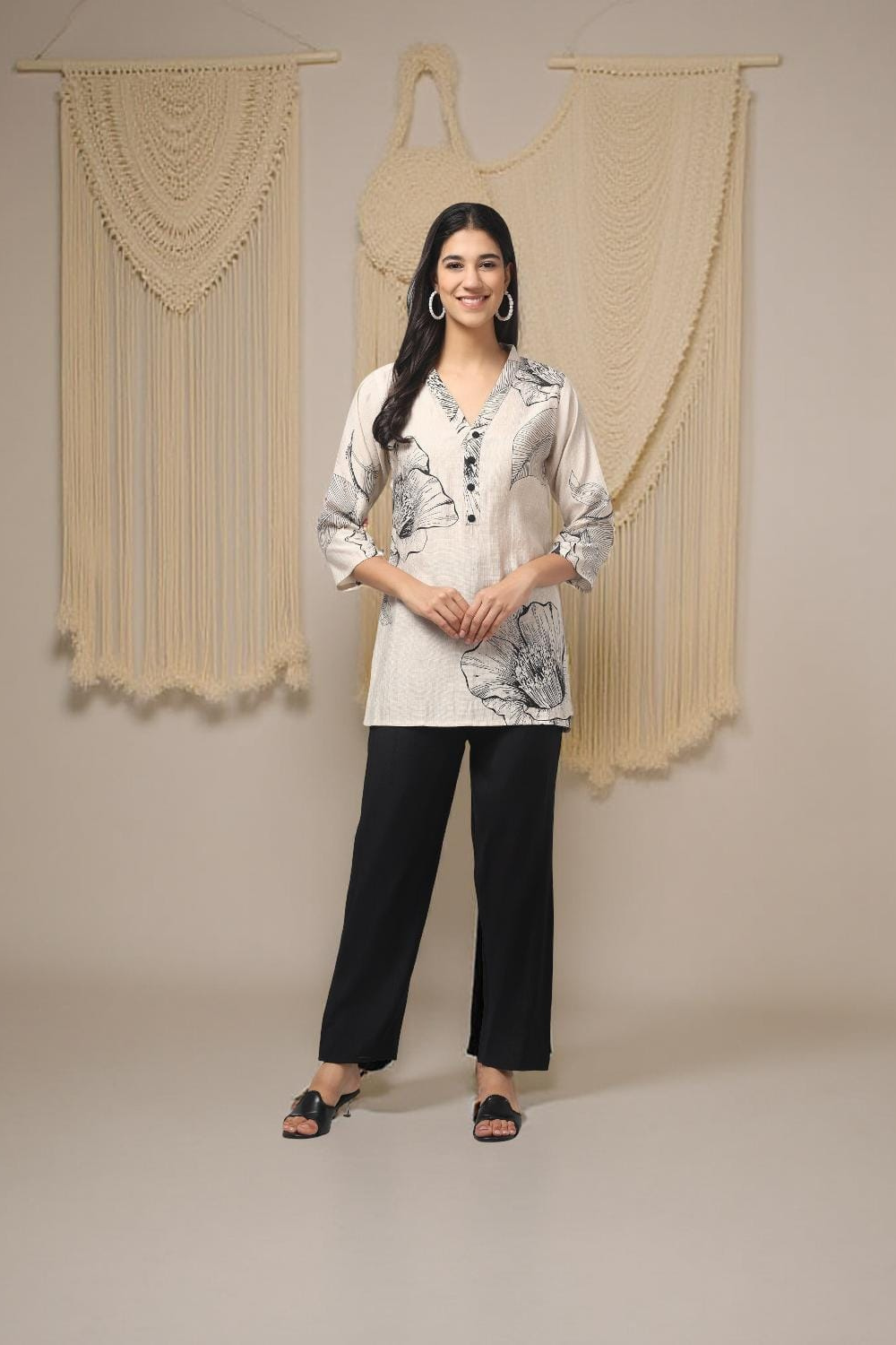 Contrast Off White Printed With Black Trouser Co Ord Set