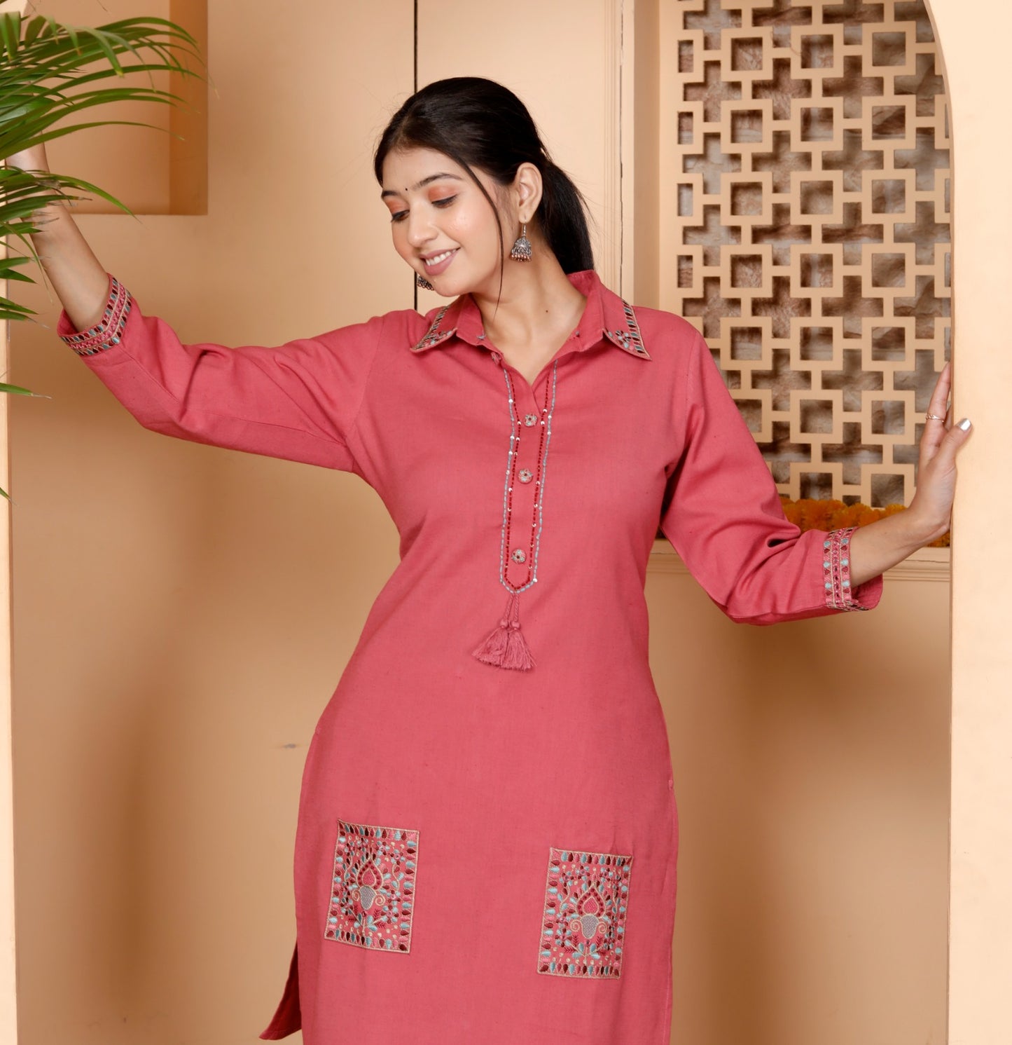 Pale Red Embroidery Cotton Co Ord Set with Front Pocket