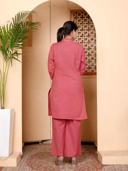 Pale Red Embroidery Cotton Co Ord Set with Front Pocket