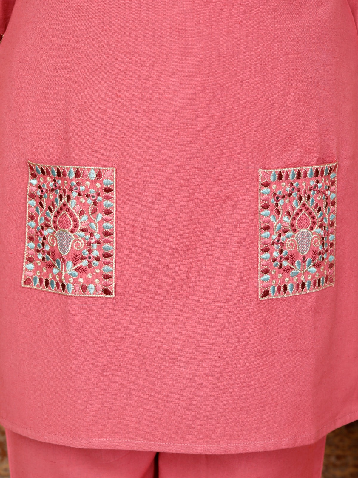 Pale Red Embroidery Cotton Co Ord Set with Front Pocket