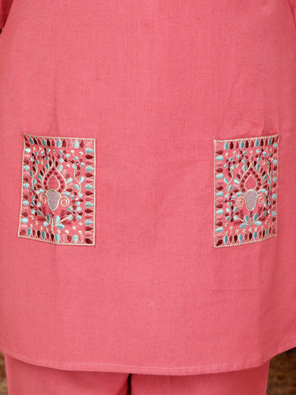 Pale Red Embroidery Cotton Co Ord Set with Front Pocket